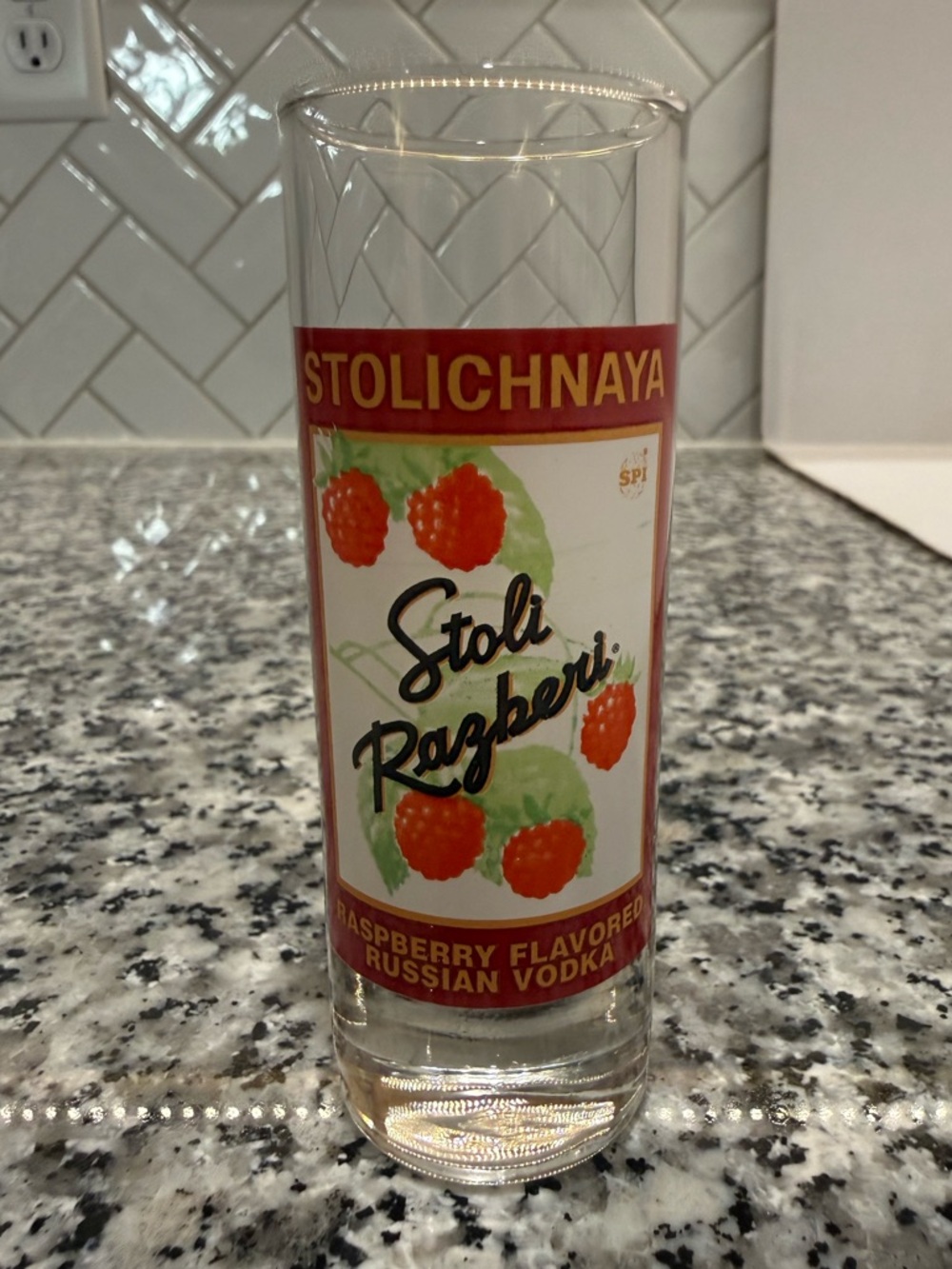 Stolichnaya (Stoli) Razberi Raspberry Russian Vodka Tall Shot Glass Collectible